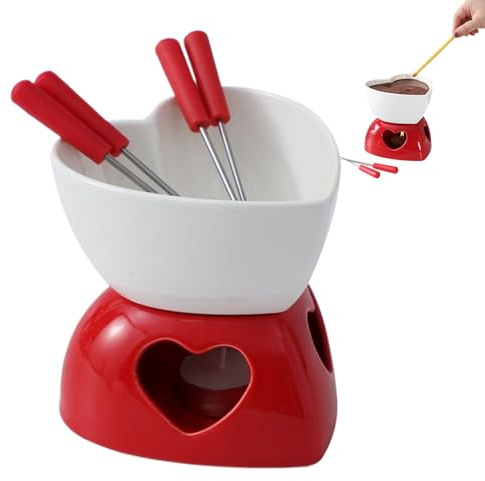 Tasse à fondue au chocolat, en céramique, en forme de cœur, avec fourchettes et bougie chauffe-plat - Tasses à fondue personnelles pour faire fondre le chocolat - Pour fromage, beurre, dessert