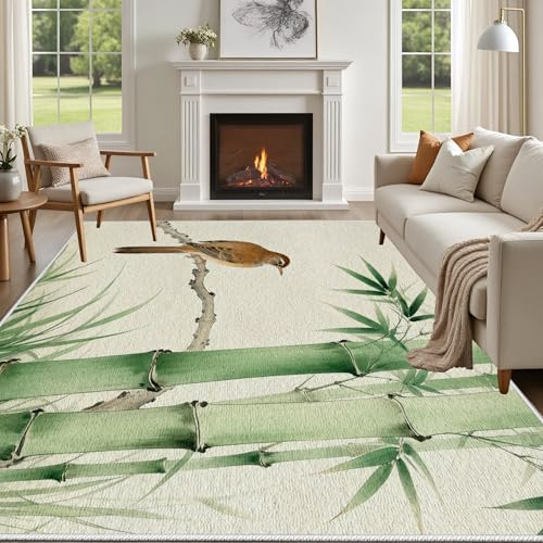 Yidbhsse Vogel Tier Teppich Schlafzimmer, Großer Teppiche Spatz Bambus, Teppich Wohnzimmer Grüne Pflanzen, Weich Kurzflor & Waschbar & rutschfest Wohnzimmerteppich 200x300 cm
