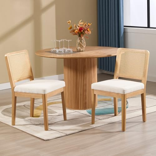 DAYALANE Dining Chairs Set of 2 Rattan chair with Breathable Back and Upholstered Chenille Cushion, Wooden Accent chairs for Dining Room Kitchen Living Room White