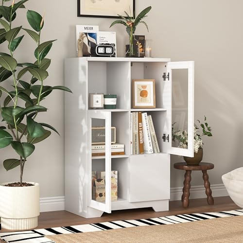 HaoChrymec Armoire De Rangement en MDF Laqué avec Portes en Verre Et Tiroir, Rangement Ouvert, Blanc, Idéale pour Chambre À Coucher, Salon
