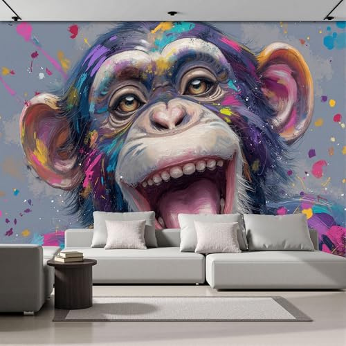 Carta Da Parati Gorilla Che Tira Fuori La Lingua, Carta Da Parati Fotografica Arte Con Schizzi Ad Acquerello, Multicolore Decorazione Da Parete 3D Effetto per Camera Da Letto Soggiorno 250x175cm
