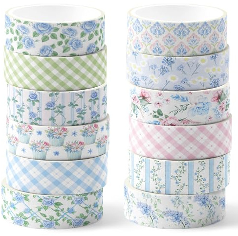 VelvetGlow 12 Rollen Aquarell Blumen Washi Tape Set, 15 mm, Vintage Blumen Dekorations Masking Tape für Kunst, DIY Bastelarbeiten, Scrapbooking, Umschläge, Partyzubehör(Rosa und Blau, Blumen)
