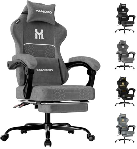 YAMOBO Gaming Stuhl Ergonomisch Gaming Chair für Büro&Computer Stoff Grau | Mit Fußstütze Nackenkissen Lendenmassagekissen, Höhenverstellbar, Abriebfeste atmungsaktive, Tragkraft bis 150 kg