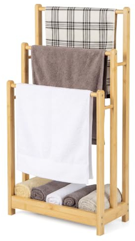 COSTWAY Handtuchständer freistehend, Handtuchhalter Holz mit 3 Handtuchstangen & unterer Ablage & Kippschutz, Trockenständer braun für Badezimmer, Hotels (Natur)
