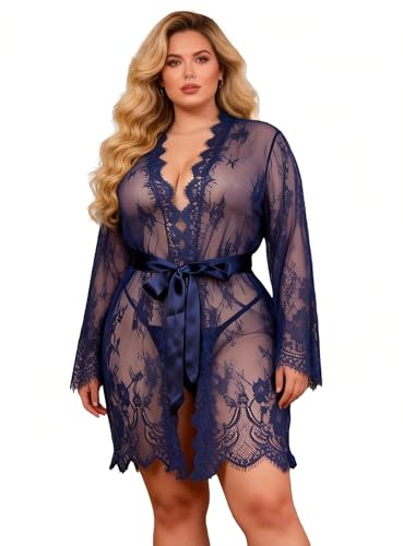 ohyeahlady Ropa de Dormir Kimono Encaje para Mujer Talla Grande Lencería Sexy Bata Corta para Verano Lingerie Lace Cómodo(Azul, M-L)