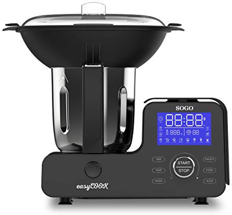 Sogo Easy Cook BAT-SS-14555 Robot de Cocina Multifunción, Báscula Integrada, con Vaporera, Libro de Recetas, 1500 W, 4 litros, Acero Inoxidable, 11 Velocidades, Negro