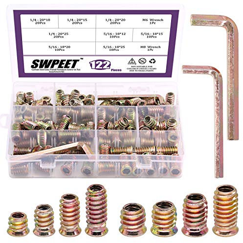 Swpeet 1/4 5/16 Zoll Gewindeeinsatz,Sechskantmuttern,Einschraubmuttern Gewindemuffen Innensechskant Senkkopf,Gewinde-Holzeinsätze Bolzenbefestigung Stecker Innensechskant