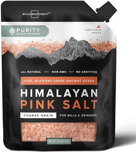 Willow & Everett Himalayan Pink Salt – Coarse Grain for Grinder/Mill Refill – Easy Pour Spout - Non-GMO Kosher Rock Salt for Cooking - 2.2 lb / 1 kg