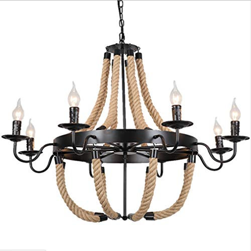 Rustikal Pendelleuchte Kronleuchter Schwarz industrial Vintage Hanfseil Hängelampe Esszimmerlampe Klassisch Retro Wohnzimmerlampe Landhaus Arbeitszimmer Lüster, 8-flammig E14, Höhenverstellbar, D85CM