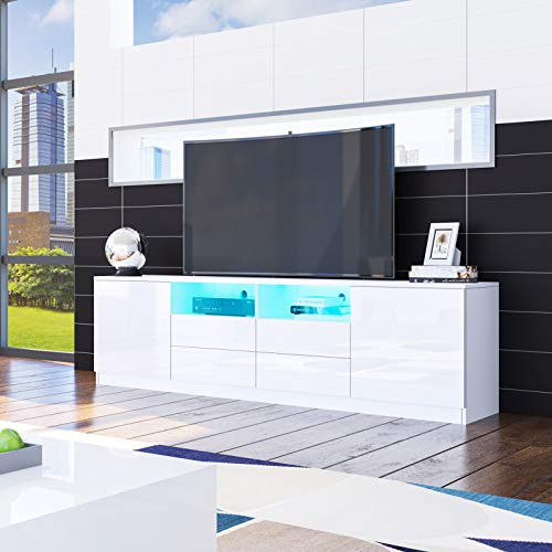 Senvoziii LED TV Stand Unit for 55/65/75 inch TV, White High Gloss Front Sideboard TV Cabinet with 2 Doors 4 Drawers for Bedroom Living Room 180cm
