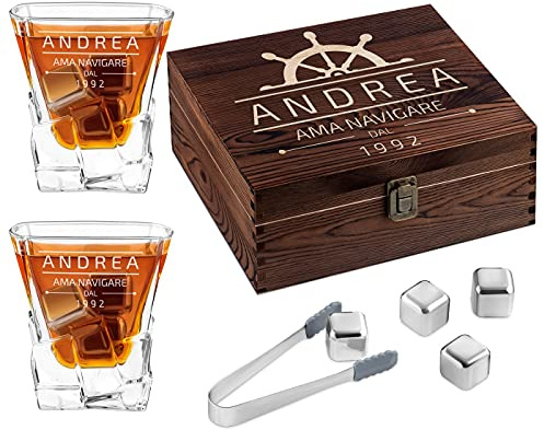 Maverton Set di Pietre da Whisky, in un cofanetto personalizzato | 8 cubetti di ghiaccio + 2 bicchieri, riutilizzabili, in granito, regalo compleanno uomo, nave