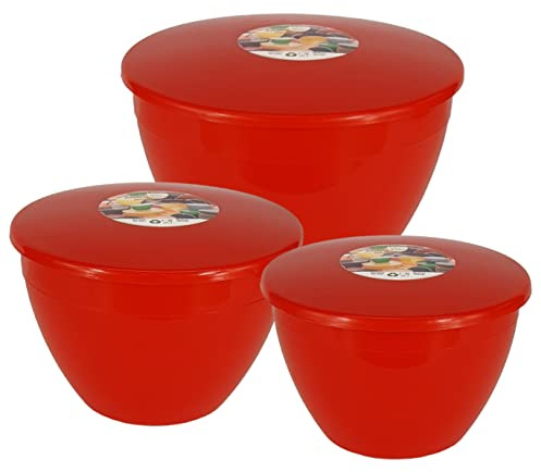 Just Pudding Basins 3 Red Larger Pudding Basin Steaming Bowl Sizes and Lids in 1 Set, 1x 1.5pt (850ml), 1x 2 Pint (1.14lt), 1x 3pt (1.71lt)