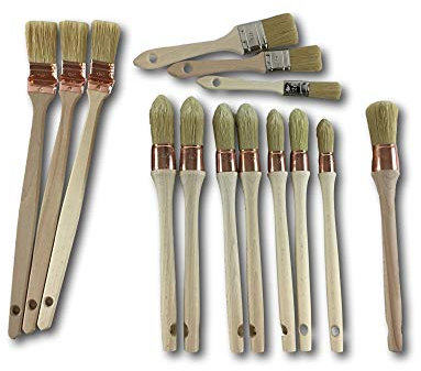 Pack 16 pinceaux | Lot de 3 | 9 à rechampir | 1 pouce | 3 plats coudés radiateur | 3 à vernir | Fabrication 100% française | Haut de gamme | Poils soie blanche | Viroles cuivrées | Kibros PINCOP16x3