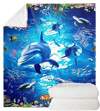 Binienty Weiche und gemütliche Kinder-Bettdecke, Ozean-Tier, Delfin-Schildkröte, tropische Fische, luxuriöse Fleece-Überwurfdecke