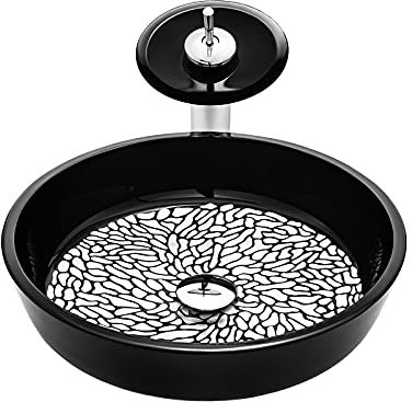 SHUGUANG Lavabo Vasque en Verre Trempé, Noir Vasque à Poser en Verre Trempé Cylindrique Lavabo Lave-Mains, Lavabo Vasque a Poser avec Robinet Cascade, Ensemble de Drainage, 425×425×120mm