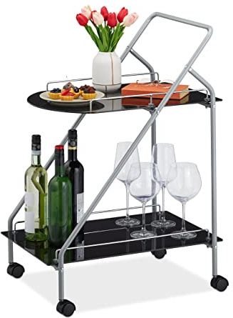 Relaxdays Carrello da Cucina con 2 Ripiani, Ruote Girevoli, 84x45x60 cm, Carrellino di Servizio, Vetro e Metallo, Nero