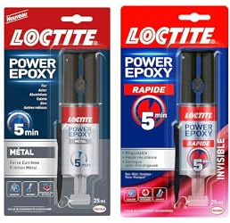 Loctite Colle Epoxy liquide spéciale Metal, Résine epoxy bi-composante couleur métal, seringue de 25 ml & Colle Power Epoxy Rapide 5 Minutes 25 ml, colle forte résistante avec seringue auto-mélangeuse