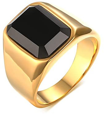 Dsnyu Vergoldete Versprechensringe für Ihn, Siegelring Herren Onyx Poliert Edelstahl Hochzeitsringe mit Schwarz Achat 62 (19.7)