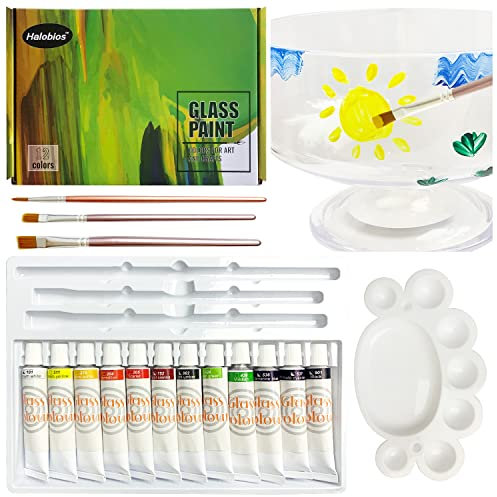 Halobios 12 Color Glass Paint, Non-toxic High Saturation Color Glass Pigment, Glasses Paint for Decorative Design, Includes Palette and Brush