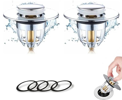 Youery 2 Stück Waschbeckenstöpsel, Universal Abflussstopfen, Pop Up Ventil Spülbecken Edelstahl Anti Verstopfungs Sieb für Aufsatzwaschbecken Badewannenstöpsel für 33 bis 38mm Abflusslöcher