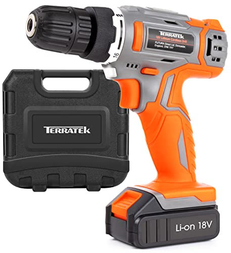 Terratek Cordless Drill Driver 18V Lithium-Ion, 13Pc Electric Screwdriver Set, LED Work Light, Electric Drill Quick Change Power Drill Battery with Charger & Carry Case Included