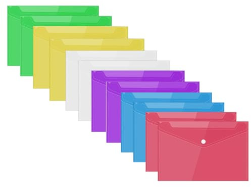 Bunt Dokumententasche, Sichttasche Durchsichti Kunststoff, 12 Pack Datei Taschen mit Druckknopf, Dokumenten-Mappen A5, Dokumentenmappe A5 Transparent, Dokumententasche mit Druckknopf