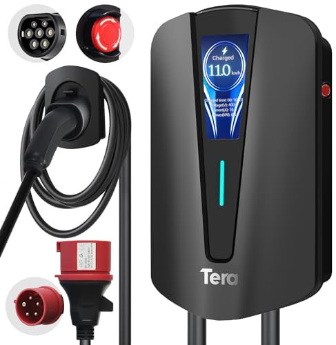 Tera EV Caricabatterie Casa Stazione di Ricarica Wallbox Auto elettrica con Supporto Cavo Cavo di Ricarica 3-Fase CEE Spina 16A 400V Cavo per Veicoli elettrici e PHEV Q8 Nero