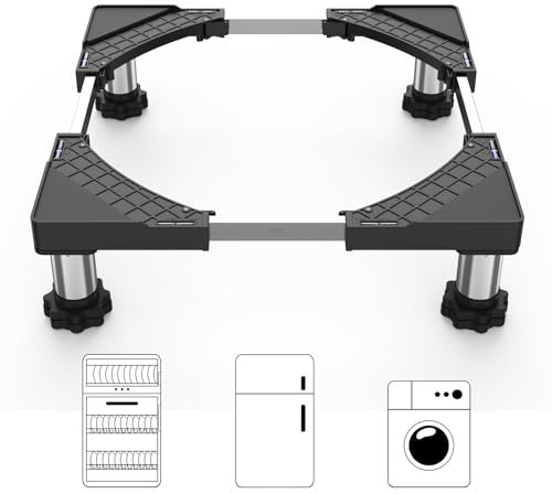 DEWEL Base Lavadora, Soporte para Lavadora Secadora Frigorífico con 4 Pies de Acero Inoxidable, Carga 250kg, Base Elevador Lavadora Antivibración Ajustable Ancho/Longitud 45-65cm, Altura 13-16cm