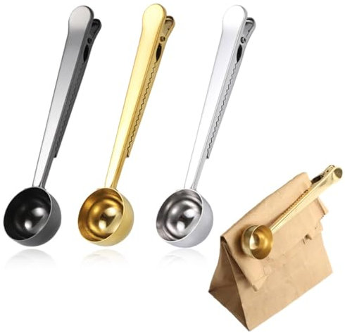 FDCGAS Cuchara medidora - 3 Piezas Cucharadas de Café con Clip de Bolsa,con Clip para Bolsa de café molido 3 en 1 Cuchara Medidora de Café de Acero Inoxidable con Clip para Café en Polvo,Frijoles