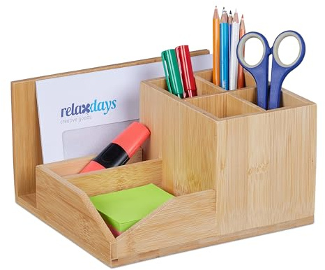 Relaxdays Schreibtisch Organizer, Bambus 7 Fächer, für Stifte, Dokumente, HxBxT: 11 x 21 x 19 cm, Stiftehalter, Natur