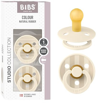 BIBS Colour Studio Schnuller 2er-Pack, BPA-frei, Kirschform Nippel. Naturkautschuk/Latex, Hergestellt in Dänemark, Größe 1 (0-6 Monate), Pin Ivory Steel Blue