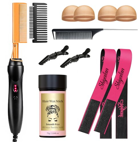 PasaRose Hot Comb Set 11Pcs, Electric Hair Straightener Pressing Comb for Black Hair with Wig Wax Stick, Lace Band, Rat Tail Comb & Salon Clips
