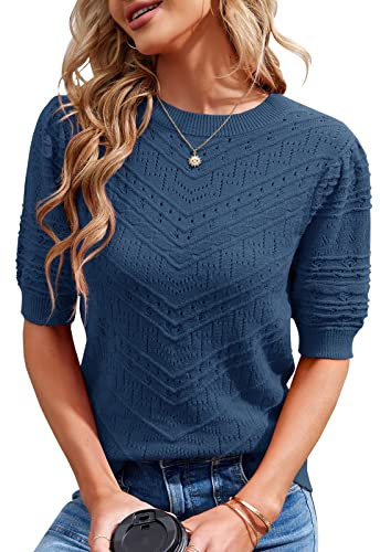 Runcati Pull en tricot à manches courtes pour femme - Décontracté - Col rond - Manches bouffantes - Élégant - Couleur unie