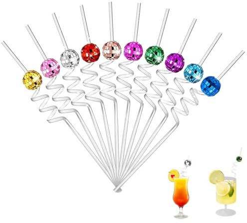 10 Stück bunte Cocktail-Strohhalme aus Kunststoff - Deko-Strohhalme mit Discokugel, Disco-Spiegelkugel, Curling-Design
