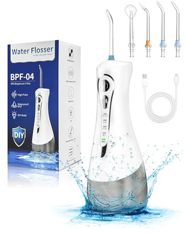 Jet Dentaire Hydropulseur et Portable Irrigateurs Oral,Water Flosser 320ml avec 4 Modes de Pression d'eau et 6 Embouts Remplaçable,Rechargeable et Étanche IPX7 For Home Voyages