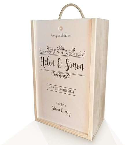 iCaseDesigner Engraved Personalised Wooden Double Wine Box for 2 Bottles with Slide Lid & Woodwool Filling - Congratulations Motif