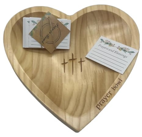 Butyhouse Prayer Bowl with 25 Cards, Christian Gifts for Women Men, Heart Prayer Bowl Wooden,Handcrafted Wood Prayer Dough Bowl with Cross,Heart Shaped Decor Bowl,Religious Gifts for Mom Dad