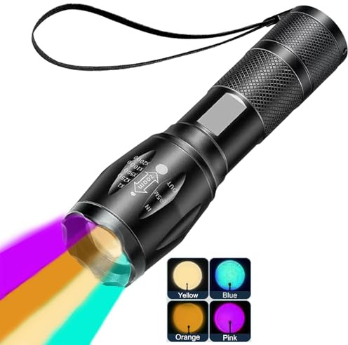 MVIOCS Lampe de poche multifonction rechargeable 4 en 1, 4 modes de couleur : rose, bleu, jaune, ambre, LED 2000 lumens, mise au point réglable, étanche, lampe de poche