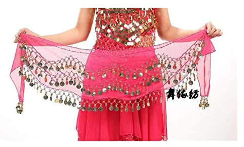 Bauchtanz Kostüm Damen,Bauchtanz Hüfttuch Bauchtanz Ton Münzen Taille Kette Wrap Dame Frauen Tanzkleidung Hüfte Schal Zubehör 3 Reihengürtel Rock mit Gold Bauchtance(Rose Red)