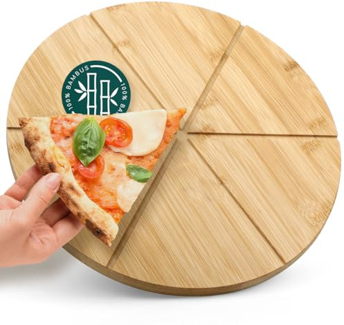 smartday Pizzabrett aus Bambus mit Schnittmarkierungen – Pizzateller groß & massiv I Rundes Pizzaschneidebrett Ø 33 cm I Schneidebrett Holz, Servierbrett für Pizza, Käse & Snack