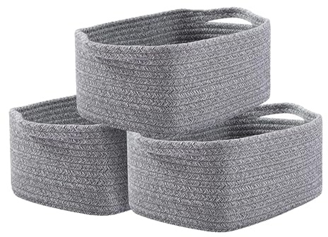 Meision Aufbewahrungskorb Klein 33cm(Grau), Aufbewahrungskorb für Kinder mit Verstärkter Griffen, Faltbare Korb Geflochten Baumwollseil für Kinderzimmer Badezimmer Abstellraum, 3 Stück