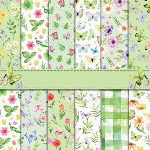 Scrapbooking Papier, 24 Blatt Doppelseitiges Dekorpapier, 12 Designs Bastelpapier mit Muster, Decoupage Motivpapier für Fotoalbum, Notizbuch und Tagebuch DIY Dekoration (Grüne Blumen, 30 x 30 cm)