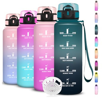 Trinkflasche- 1.5 liter- Trinkflasche Sport, Wasserflasche Auslaufsicher, mit Zeitmarkierung, mit Filter, Wasserflasche Kohlensäure Geeignet, Leicht zu Reinigen, für Fitness, Fahhrad, Gym, Running