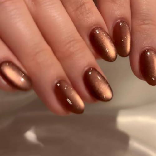 KQueenest Cat Eye Press On Nails Kurz - Glitzer Braun Nägel zum Aufkleben Kurz, Sparkle Bling Fake Nails Set, Künstliche Fingernägel Für Frauen mit Zierlichen und Kleinen Händen, 30 Stück