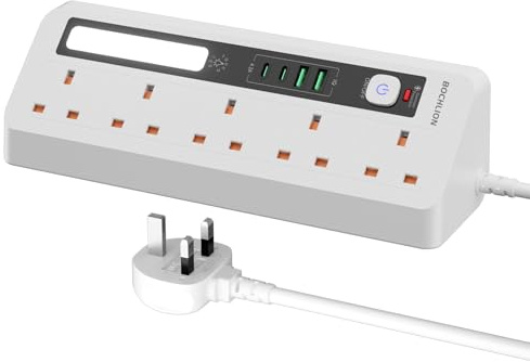 Desk Extension Lead with USB Slots, BOCHLION 2 USB C and 2 USB A Ports Power Socket With Night Light, 5 Way Plug Extension Socket Surge Protector, Desktop Power Strip 1.8M for Home Office-White