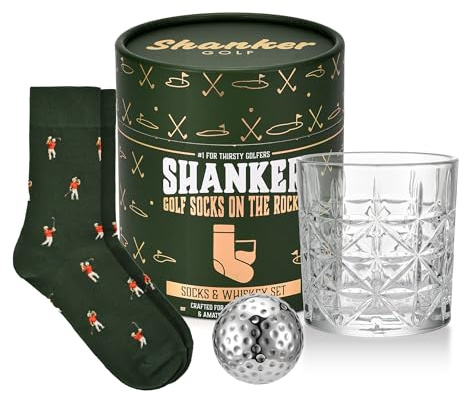 Shanker Golf - Chaussettes de golf sur les rochers – Ensemble chaussettes, verre à whisky et balle de golf Ice Stone – Coffret cadeau de golf pour homme – Taille 36-48