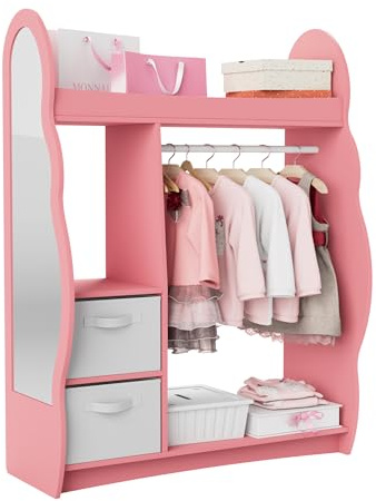 Kinder Kleiderschrank 81 x 28 x 106,5 cm (Wolken mit 2 Schubladen, Rosa) | Kinderkleiderständer mit Boxen, Kleiderstange, Spiegel und Ablagen, Kindergarderobe aus Holz, Kinderregal