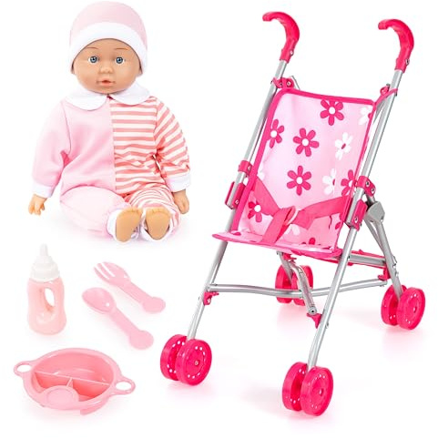 Bayer Pink Dolls Stroller - Doll and Pram Set for 2 Year Old with Soft, Cuddly Baby Dolly 36 cm & Feeding Baby Doll Accessories - My First Foldable Dolls Pushchair, Toy Buggy for Girls, Toddler, Kids