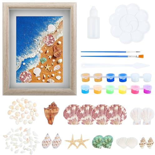 Fangoo 15x 20 cm Natural Seashell Starfish DIY Painting Frame Kit Beach Seashells Conch Mixed for DIY Craft Bathroom Bedroom Living Room Coastal Table Sea View Room Decoration