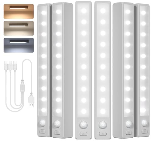 JVURICE Schrankbeleuchtung LED Bewegungssensor, 18 cm Kompakt Treppenlicht | 18 cm Kompakt Treppenlicht, Helligkeitsregelung, Magnetlampe, USB-C Aufladbar für Schubladen, Vitrinen(6er Pack)